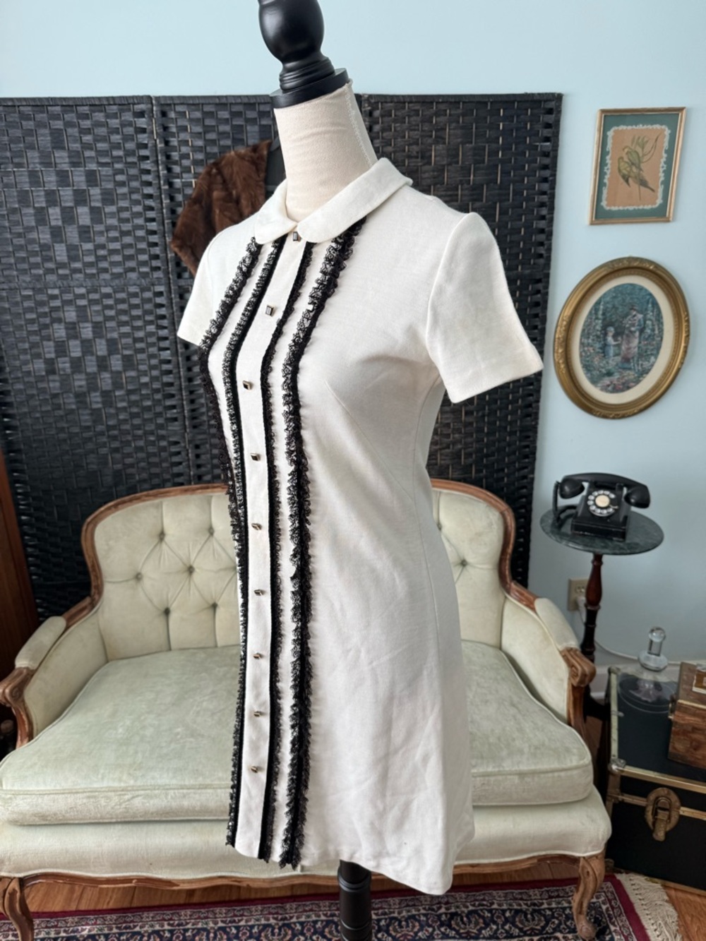 🖤 Vintage Gay Gibson Dress Lace Buttons Peter Pan Collar Mod Pin Up Fair Cond - Picture 5 of 9